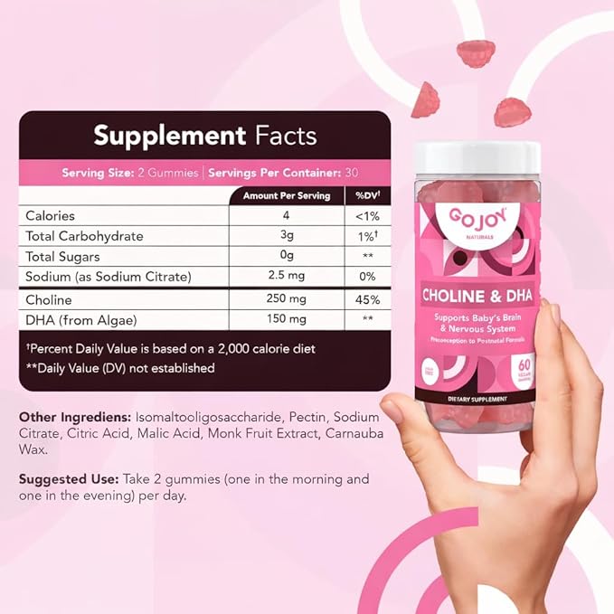 GOJOY NATURALS Prenatal Gummies with Choline &amp DHA - Preconception Pregnancy &amp Postnatal Vitamins for Women - Choline 250mg + DHA 150mg - Vegan Sugar-Free Non-GMO