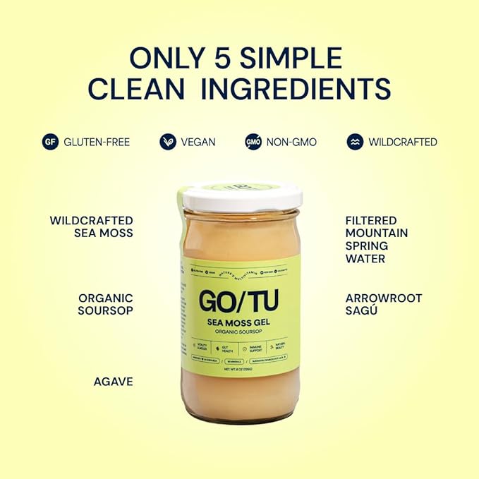 GO/TU Sea Moss Gel - Soursop 8oz - Wildcrafted in St. Lucia Made in Costa Rica Ministry of Health Certified - Gut Skin Immunity Support Energy Boost Vegan Non-GMO No Preservatives