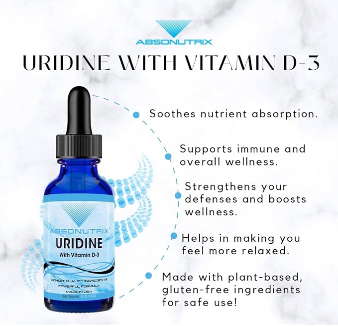 Absonutrix Uridine with Vitamin D-3 343 mg 4 FL OZ Liquid 302 Servings Made in USA Plant-Based Ingredients Gluten-Free