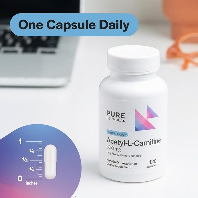 PureFormulas Acetyl L-Carnitine Cognitive &amp Memory Support L Carnitine Supplement for Brain Focus &amp Calmness Alcar 500mg Dairy Free Non-GMO 120 Vegetarian Capsules