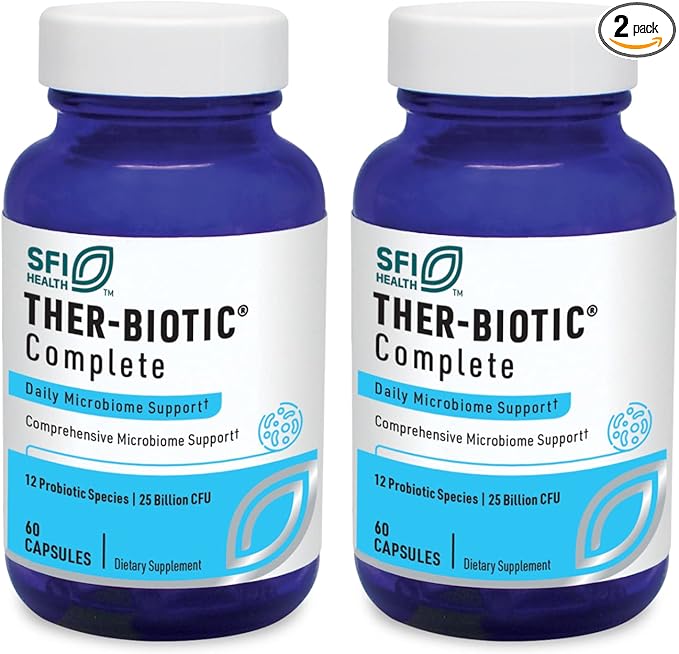 Klaire Labs SFI Health Ther-Biotic Complete - 25 Billion CFU Gut Probiotics for Women and Men - Hypoallergenic 12 Strain Probiotic Capsules for Digestive Health and Immune Support (60 ct 2 Pack)