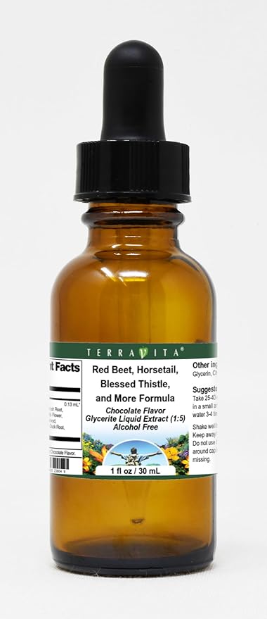 Terravita Red Beet Horsetail Blessed Thistle and More Formula Glycerite Liquid Extract (1:5) - Chocolate Flavored (1 oz ZIN: 523804)