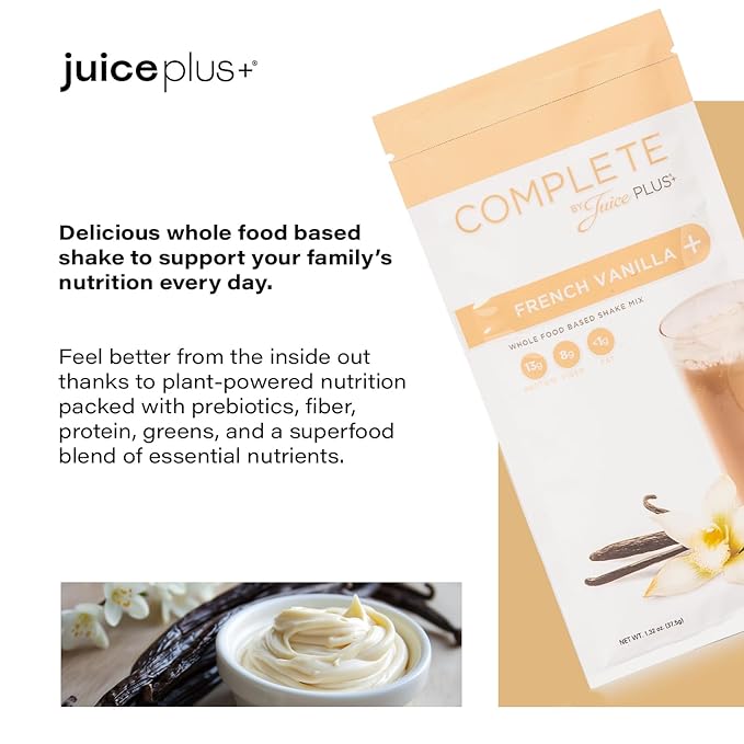 Complete by JuicePlus+ Single Serve French Vanilla Shakes - Plant-Based Nutrition - Vegan Gluten-Free Non-GMO Kosher Whole Food Based Shake Powder with Protein Fiber &amp Prebiotics - 15 Serving