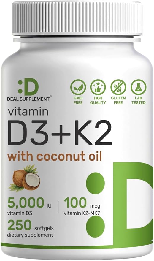 DEAL SUPPLEMENT Vitamin D3 5000 IU + K2 MK7 100mcg Softgels | 2-in-1 Complex with Virgin Coconut Oil | Supports Heart Bone Teeth &amp Immune Health | Easy to Swallow