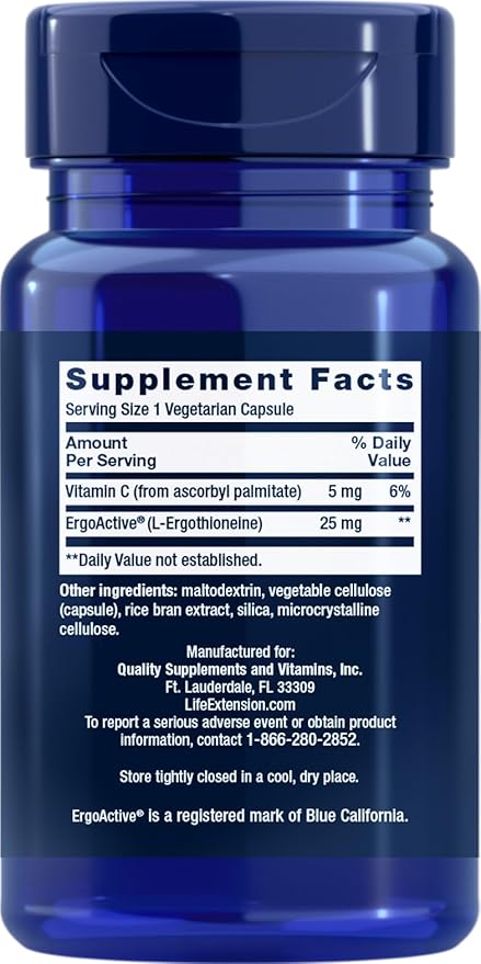 Life Extension Mega L-Ergothioneine Healthy Aging Amino Acid antioxidant Powerful 25 mg dose L-ergothioneine Gluten-Free Non-GMO Vegetarian 30 Capsules