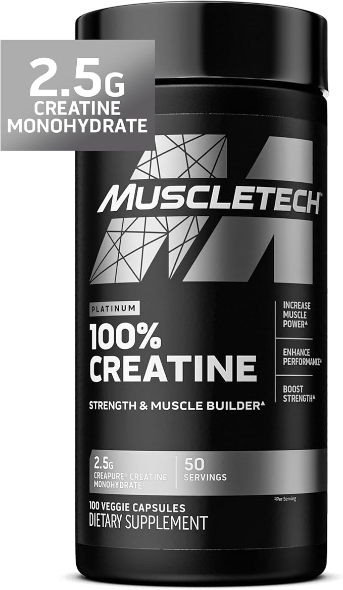 Muscletech Platinum Creatine Monohydrate Capsules - Creapure Creatine Pre &amp Post Workout Muscle Builder Muscle Recovery &amp Energy Boosting Supplement for Men &amp Women - 100 Veggie Pills