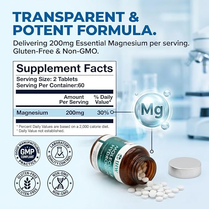Hydrogen Water Tablets 12ppm with Magnesium 120 Tablets Brain Health Cognition Function Cellular Energy Boost Antioxidant Promote Metabolism Non-GMO &amp Gluten Free