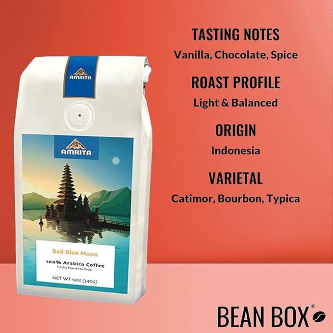 Bali Blue Moon Kintamani - Light - Roasted by Amrita Certified Pure - Whole Bean Coffee - 12 Ounce Bag