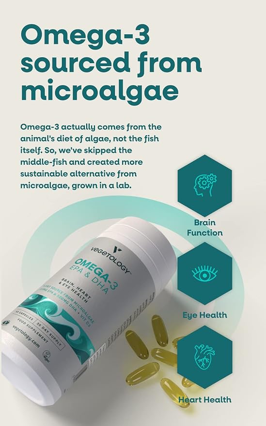 Vegan Omega 3 Supplement – EPA DHA Supplements &amp Vitamin D3 – Algae Omega 3 Vegan Supplements for Brain Eye &amp Heart Health – for Kids &amp Adults (180 Capsules)