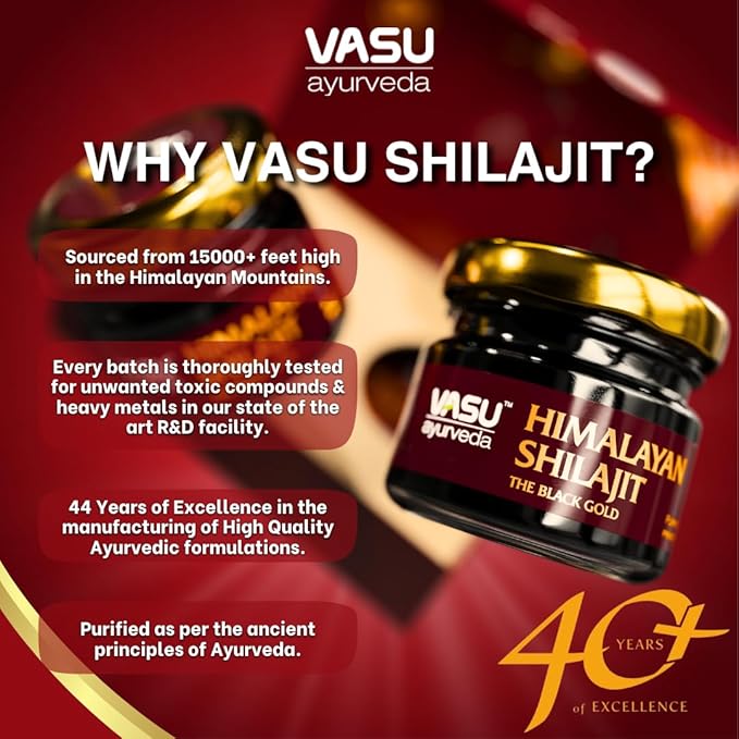 VASU Ayurveda Himalayan Shilajit Resin 400mg – Lab Tested Natural Energy Booster with Fulvic Acid &amp 85+ Trace Minerals – Pure Shilajit for Men &amp Women – 100 Days Supply for Strength &amp Stam