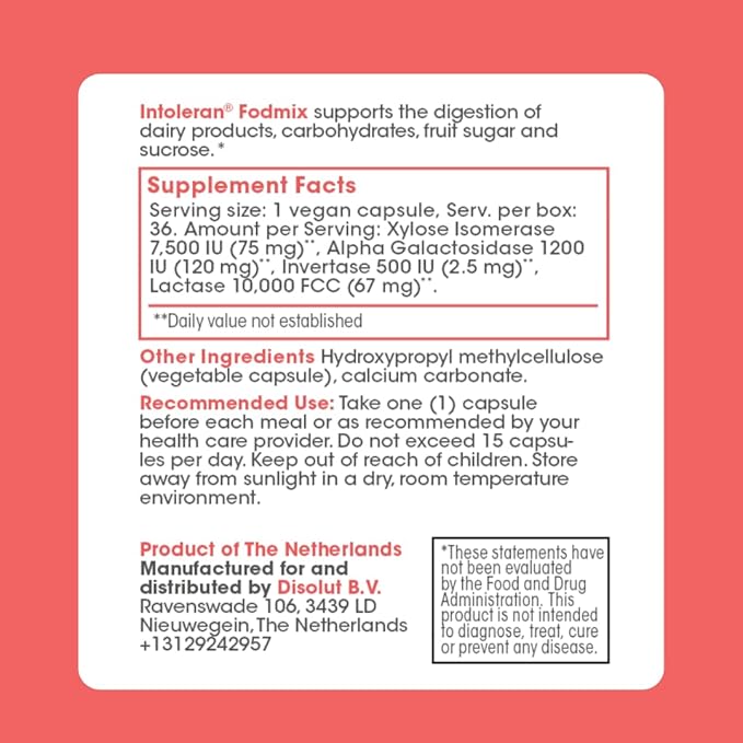 Intoleran Fodmix (Quatrase) Digestive Enzymes - 36 Capsules | Highly Dosed Supplement for FODMAP Intolerance | Helps Digest Lactose and Complex Carbohydrates | Pure &amp Vegan | Low FODMAP
