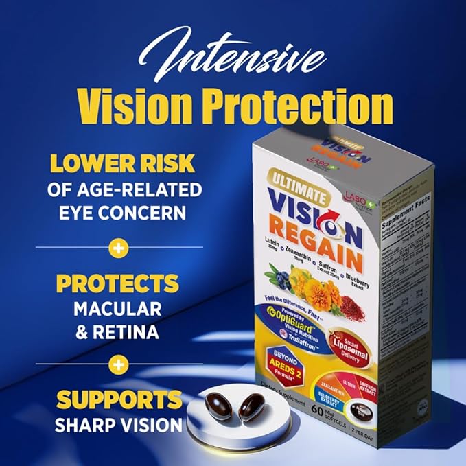LABO Nutrition Ultimate VisionREGAIN Eye Vitamin Beyond AREDS 2 Formula with Lutein Zeaxanthin Saffron Extract Blueberry for Macular and Retinal Health Eye Fatigue Night Vision Support 60 Counts
