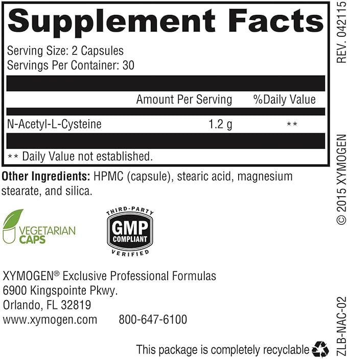 XYMOGEN NAC - 1200 mg per Serving - N-Acetyl-Cysteine Antioxidant Amino Acid - Supports Antioxidant Activity - Vegetarian Non-GMO &amp Gluten Free - 60 Capsules