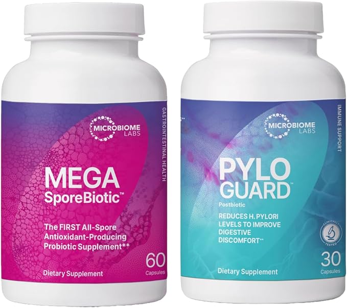 Microbiome Labs MegaSporeBiotic Spore-Based Probiotics (60 Capsules) + PyloGuard Postbiotic L. reuteri DSM 17648 Supplement to Promote The Body’s Process of Elimination (30 Capsules) - 2 Products