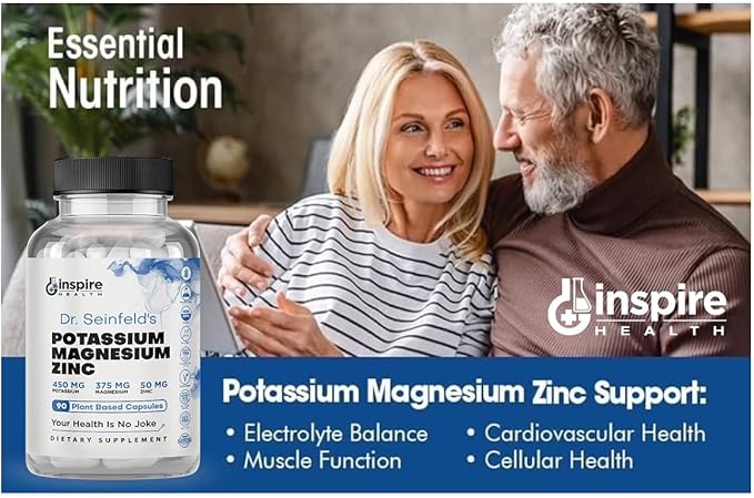 Magnesium Potassium Supplements w/Zinc - 90 Capsules - Magnesium Potassium Zinc for Vascular Health – High Absorption Vegan Supplement for Leg Cramps &amp Sleep Dr Seinfeld