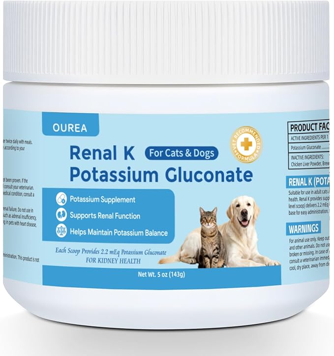Renal K Potassium Gluconate for Dogs and Cats – 2.2 mEq per Scoop – Supports Kidney Function Restores Potassium Levels – Boosts Energy – Muscle Strength – Vet-Recommended
