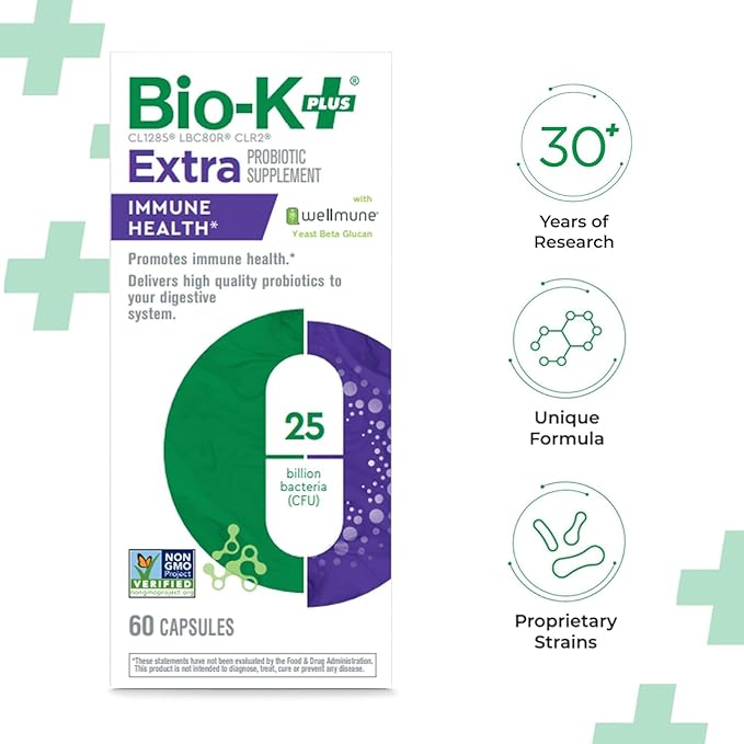 Bio K+ Probitotic for Immune Health with Wellmune Delayed Release Probiotic Supplement Immune &amp Digestive System 25 Billion CFU Vegan Shelf-Stable – 60 Capsules