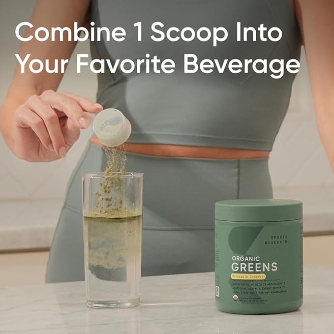 Sports Research® Organic Greens Superfood Powder w/Spirulina Chlorella Adaptogens Enzymes Probiotics &amp 8 VIT Bs for Gut &amp Mood Support* - Vegan Sugar-Free &amp Low-Cal Pineapple Coconut
