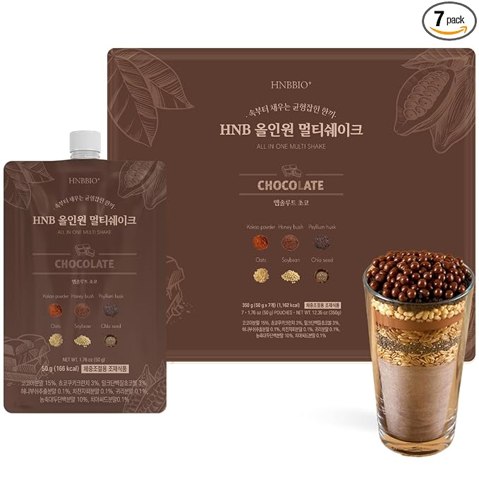 Korean Food All-In-One Multi Shake Chocolate(50g*7 Packs) Dietary Fiber Essential Amino Acids Vitamins 7-Day Convenient Individual Packs (12.35 oz)