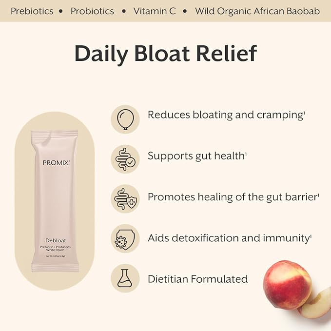 ProMix Nutrition Debloat Prebiotics and Probiotics Bloating Relief for Women Gut Cleanse Detox for Men and Immune Support - White Peach - 30 Servings (Pack of 30)