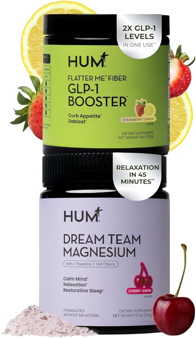 HUM Nutrition Flatter Me Fiber + Dream Team Magnesium Powder Bundle – Digestive Support Fiber &amp Magnesium Bisglycinate Drink Mix with L-Theanine &amp Tart Cherry Cherry Lemon 2-Product Wellness