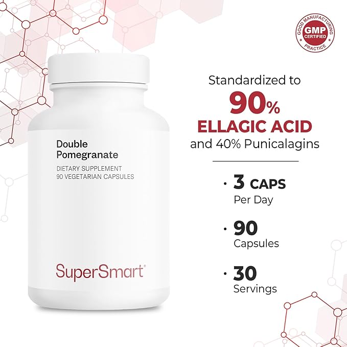 Supersmart - Double Pomegranate (High Strength) - 90% Ellagic Acid &amp 40% Punicalagins - Pomegranate Extract Supplement - Advanced Antioxidant | Non-GMO &amp Gluten Free - 90 Vegetarian Capsules