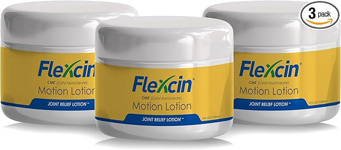 Flexcin Motion Lotion with CM8 - Joint &amp Muscle Therapy Cream for Back Neck Knee Hand Foot - Fast Absorbing with DMSO Emu Oil Aloe Vera - Non-Greasy - 3 Pack (4oz Jars)