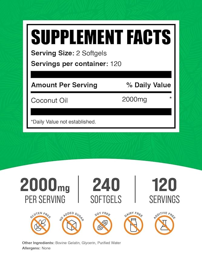 BulkSupplements.com Coconut Oil Softgels - Cold Pressed Coconut Oil for Hair and Skin Support Herbal Supplement - Gluten Free 2 Softgels per Serving (2000mg) 240 Count (Pack of 1)