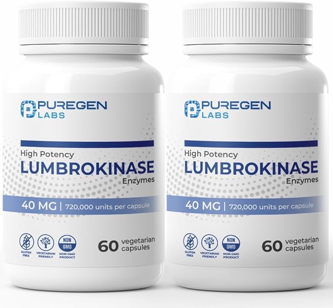 Puregen Labs Lumbrokinase 40mg per Capsule High Potency Supplement | High Activity Lumbrokinase Enzymes | No Harmful Additives | Non-GMO | Gluten Free - Total 120 Vegetarian Capsules