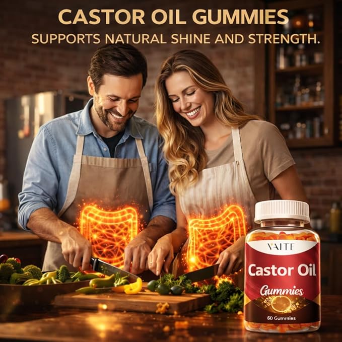 Castor Oil Gummies 1000mg - Natural Digestive Supports Skin Nails &amp Thicker Hair Growth Ricinus Communis Seed Extract Plant-Based Vegan Non-GMO Gluten-Free No Artificial Flavors 60 Chewab