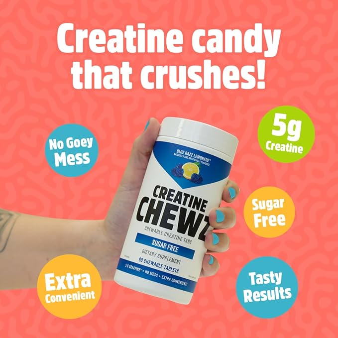 PVL Creatine Chewz – Sugar-Free Chewable Creatine Tablets for On-The-Go Use – 5g Creatine Monohydrate Per Day – Pre Workout &amp Post Workout Protein Support – 80 Tablets – Blue Razz Lemonade