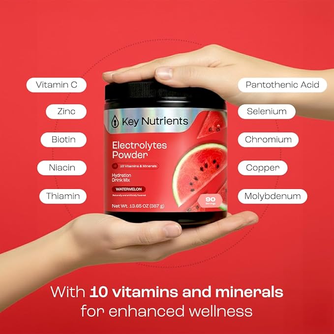KEY NUTRIENTS Multivitamin Electrolytes Powder No Sugar for Recovery - Refreshing Watermelon Electrolyte Powder - Hydration Powder - No Calories Gluten Free Electrolytes Powder - 90 Servings
