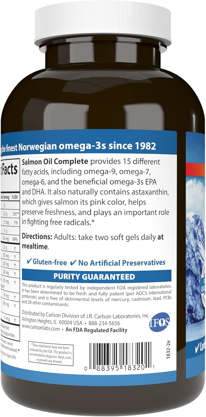 Carlson - Salmon Oil Complete 700 mg Omega-3s + Astaxanthin Cardiovascular Support Brain Function &amp Joint Health Norwegian 240 Softgels