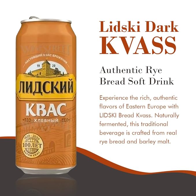 LIDSKI Bread Kvass - Imported Rye Bread Soft Drink (Pack of 6) - Authentic Eastern European Naturally Fermented Kvass - Kvass Drink with Natural Carbonation &amp Probiotics - 0.5L / 16.91 Fl oz