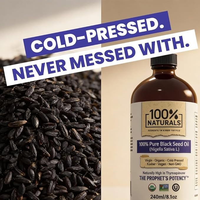 100% Naturals Pure Virgin Organic Black Seed Oil (8oz Glass Premium Bottle) - Cold-Pressed Nigella Sativa Oil with Natural Antioxidants High in Thymoquinone Chemical-Free Kosher Non-GMO