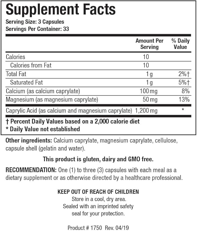 Biotics Research Caprin Caprylic Acid 1200 Milligram Serving Gastrointestinal Support Calcium Magnesium Added Aids in Gut Microbial Balance 100 Capsules