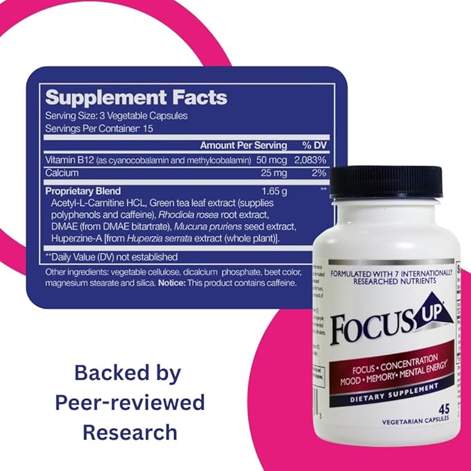 FocusUP Brain &amp Energy Support Supplement – Natural Nootropic Capsules with Acetyl L-Carnitine Rhodiola DMAE &amp Huperzine-A | Supports Focus Memory Mood &amp Mental Clarity | 45 Sugar-Free