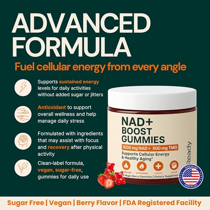 b.Ready NAD+ Gummies Premium 1000 mg NAD Supplement with 500 mg TMG Grape Seed &amp Black Pepper Extract – NAD+ for Healthy Aging Cellular Energy &amp Antioxidant Support Vegan Sugar-Free 60 C