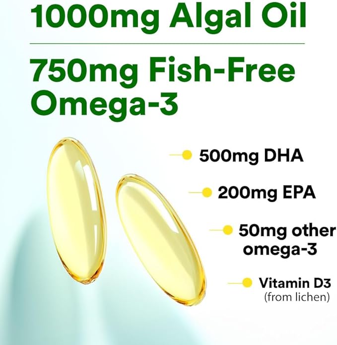 LABO Nutrition Vegan Omega 3 Algae Oil - Plant Based Fish Oil Alternative 750mg Omega-3 500mg DHA &amp 200mg EPA - Non-GMO &amp IAOS Certified - Heart Brain Eye Immune Joint Support 120 Softgels