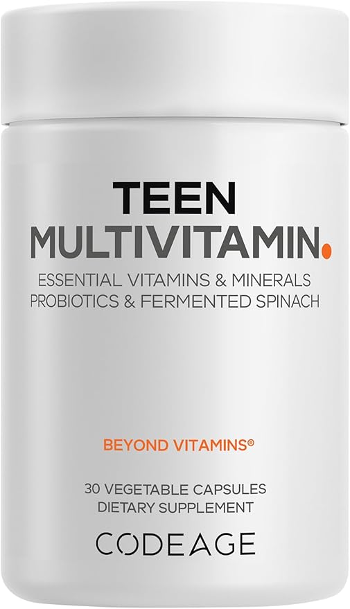 Codeage Teen Multivitamin - Vitamins A C D3 B6 B12 Folate Zinc Magnesium Iron Probiotics Fermented Spinach - Multivitamins for Teenage Boys and Girls - Non-GMO Gluten-Free - 30 Capsules