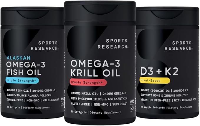 Sports Research Antarctic Krill Oil Omega 3 1000mg (Double Strength) with Phospholipids Choline &amp Astaxanthin Triple Strength Omega 3 Fish Oil Single-Source Wild Alaska Pollock 1250mg Vitamin D