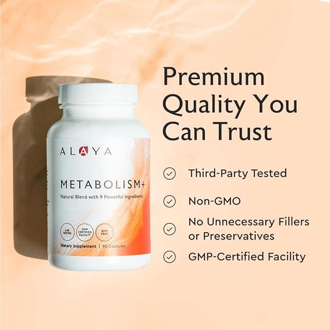 Alaya Naturals Metabolism+ Natural Energy with Green Tea Cinnamon Beet Root Caffeine Non-GMO– 60 Capsules
