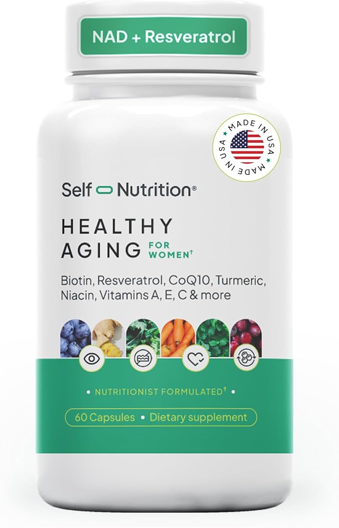 NAD+ Resveratrol Supplement for Women – Healthy Aging Formula with CoQ10 Biotin Turmeric &amp Vitamins A C E – Supports Energy Skin &amp Longevity – 60 Capsules. Made in USA.