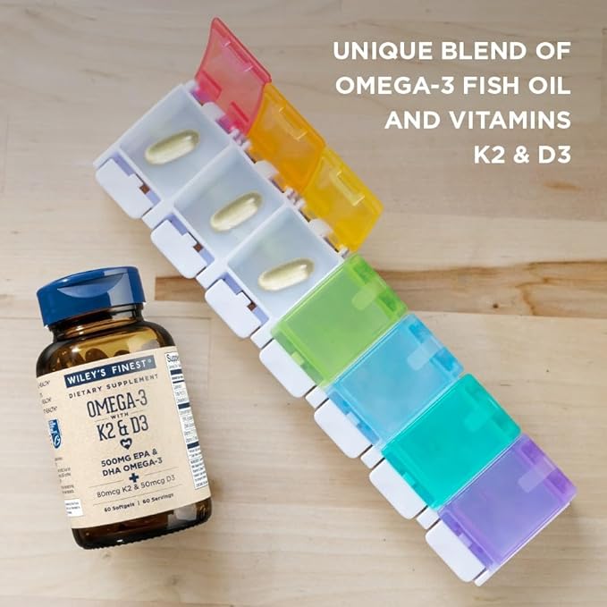 Wiley's Finest Wild Alaskan Fish Oil Vitamin K2 &amp D3 Softgels - 500mg of EPA and DHA Omega-3s for Bone and Heart Health Support - 60 Softgels (60 Servings)