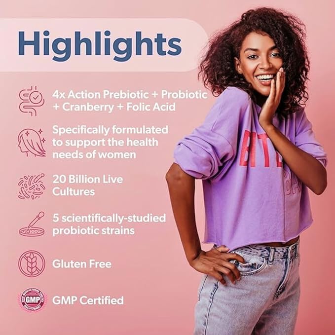 Belle+Bella Probiology Flora Fem - Daily Probiotics for Women - 4X Action Prebiotic + Probiotic + Cranberry + Folic Acid for Digestive Urinary Tract Reproductive &amp Vaginal Health - 60 Caps