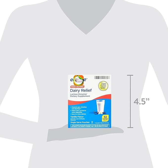 Equate Fast Acting Dairy Relief Lactase Enzyme Dietary Supplement Vanilla Flavor chewables Tablets 32 Count (Pack of 1) + CreativeAndBundle Sticker