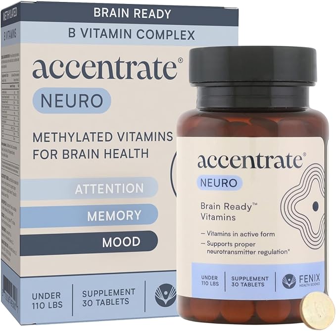 Accentrate Brain Supplement for Focus Attention Mood | Complete Vitamin B Complex | Brain Health | Methylated Multivitamin w/L-Methylfolate (5-MTHF) Cofactors Methyl-B12 &amp P5P | MTHFR Supplemen