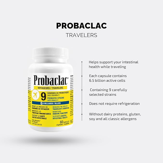 Probaclac Natural Travelers Probiotics Reducing Risk of Diarrhea Contains Vitamin C Immune Support Gluten Free Travel Size Vacation Cruise and Airplane Travel Essentials Vegan 60 Capsules