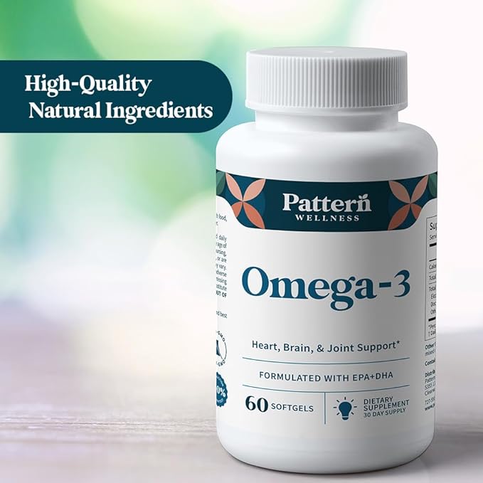 Pattern Wellness Omega 3 Softgels - Pure Fish Oil Formula - Helps Maintain Brain Heart &amp Joint Health - 3rd Party Lab Tested - Non-GMO Dairy-Free Gluten-Free - 60 Softgels