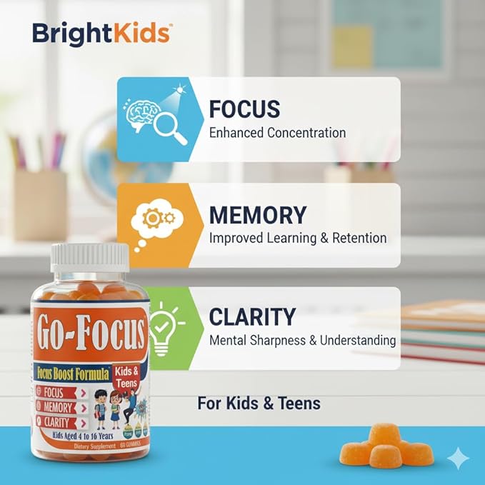 BrightKids Brain Supplements for Memory and Focus Omega 3 &amp DHA Focus Gummies for Kids Memory Booster Focus Supplement for Kids &amp Teens- Low-Sugar Natural Fruit Flavor 60 Gummies